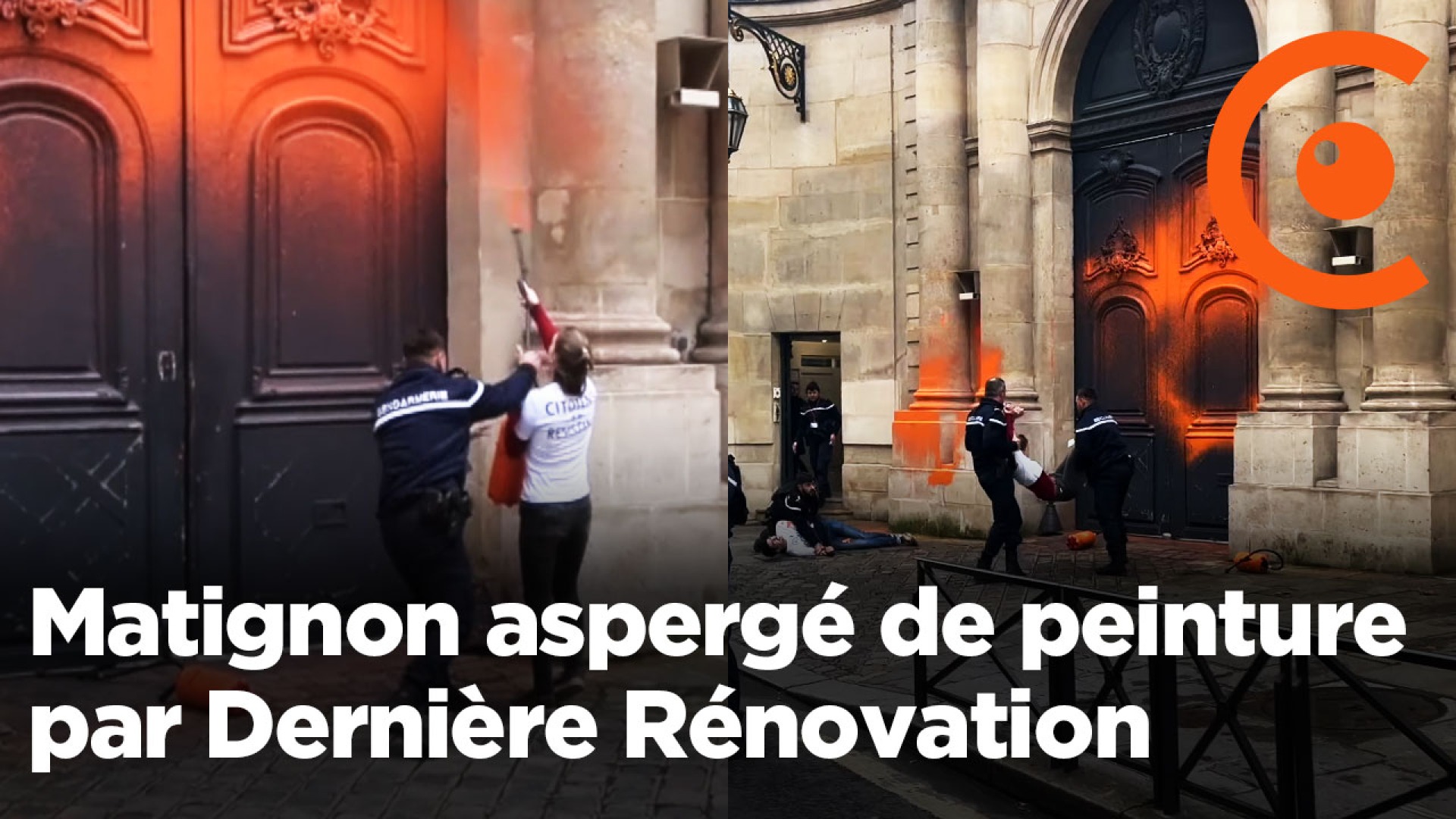 Matignon recouvert de peinture orange par "Dernière Rénovation" 
