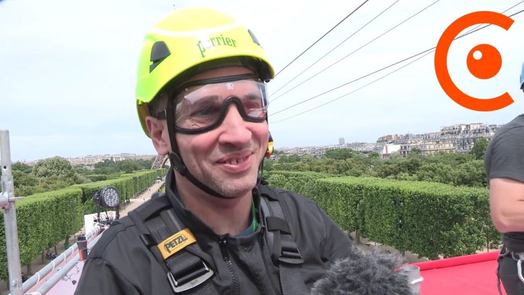 Tyrolean zip line at the Eiffel Tower for Roland Garros