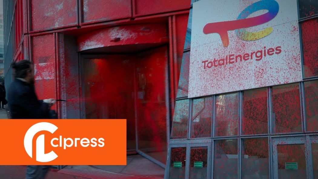 The façade of TotalEnergies covered in red paint